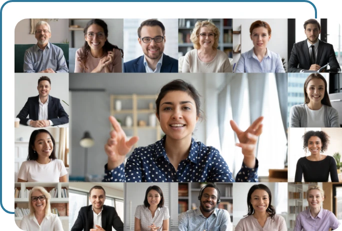 young business woman speaking to others on a conference call young business woman speaking to others on a conference call
